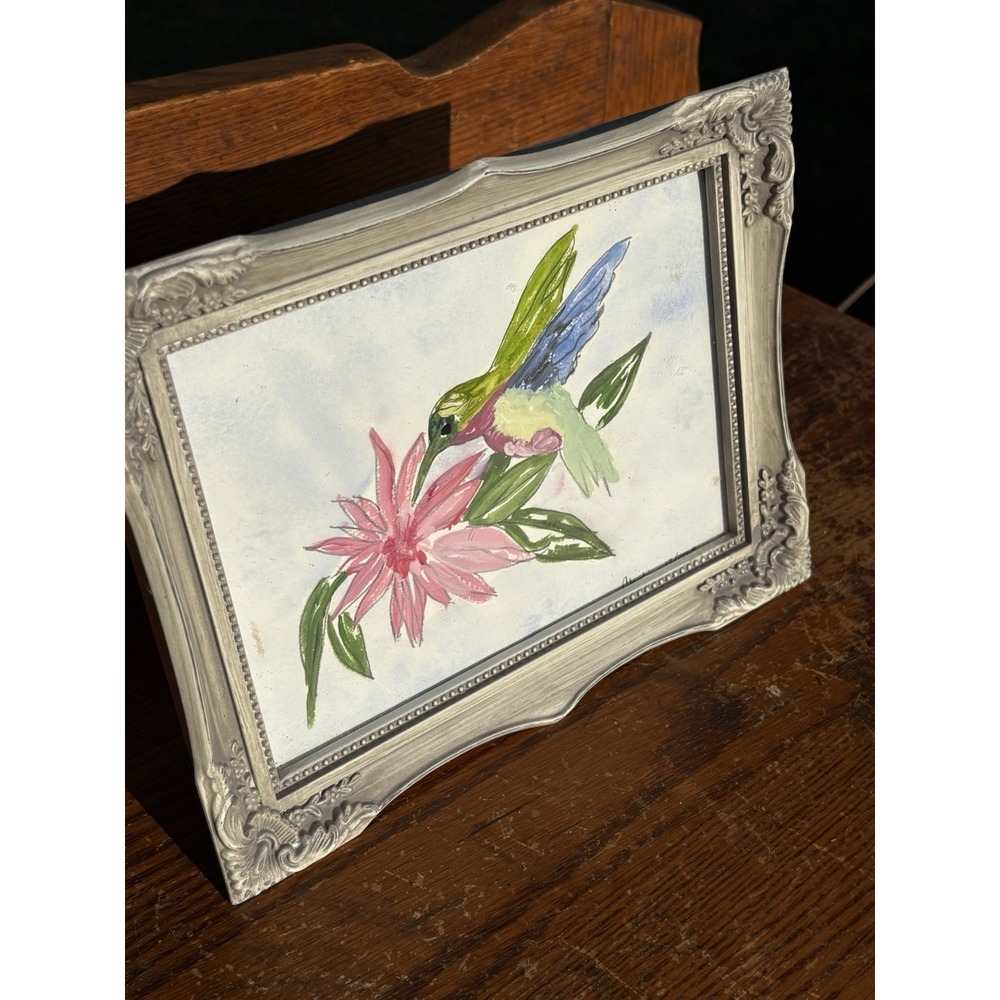 Original Watercolor Print Humming Bird Flower Signed Claudia 2018 Botanical Pink - Picture 2 of 5